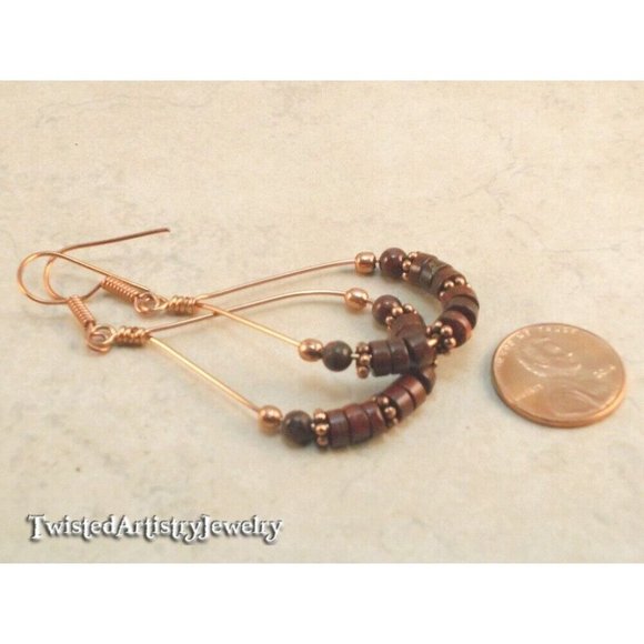 Red Jasper Beaded Copper Teardrop Hoop Earrings One-Of-A-Kind Handmade - Picture 3 of 3